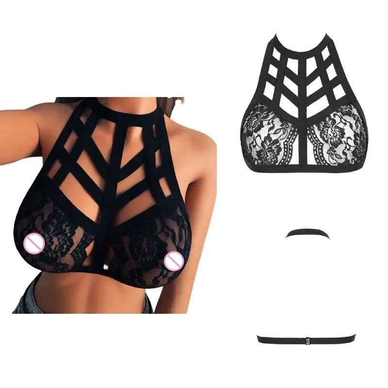 Womens Halter Wide Straps Bralette Style Hollow Out Strappy Bandage Bustier Underwear Sexy Sheer Floral Lace Cup Club Bra