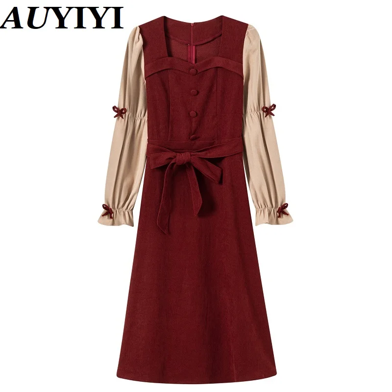 

Осень-зима 2021, модное и элегантное темпераментное платье AUYIYI с квадратным вырезом, женская тонкая длинная юбка с бантом на талии