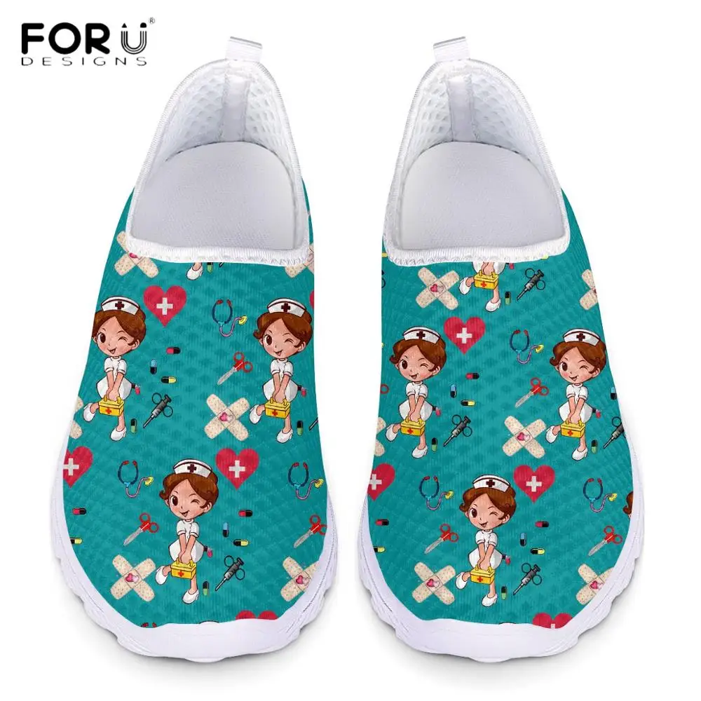 

FORUDESIGNS Cute Nurse Pattern Women Spring Summer Flats Shoes 3D Cartoon Nursing Bear Light Mesh Shoes Woman Beach Loafers Girl