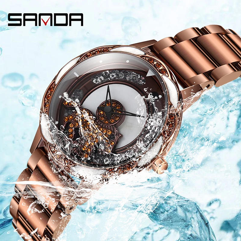 

Watch Women Fashion Carousel 360 Degree Rotation Diamond Decorated Quartz Watches Waterproof relogio feminino SANDA Top Brand
