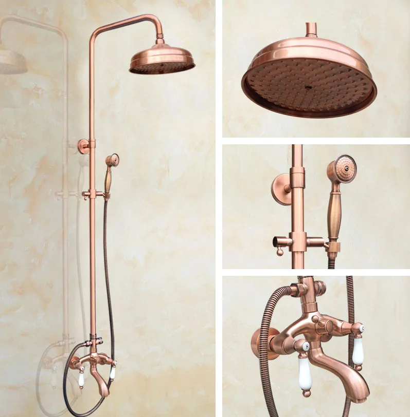 

Antique Red Copper Brass Dual Ceramic Handles Bathroom 8 Inch Round Rain Shower Faucet Set Tub Mixer Tap Hand Shower mrg561