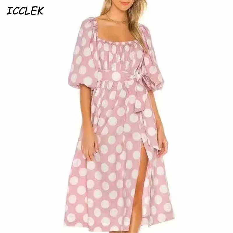

Women's Dresses Pink Puff Sleeves Dress Midi Wave Point Vestidos Party Dress Short Sleeve Cute Bow Robe Lace up Vintage Chic trf