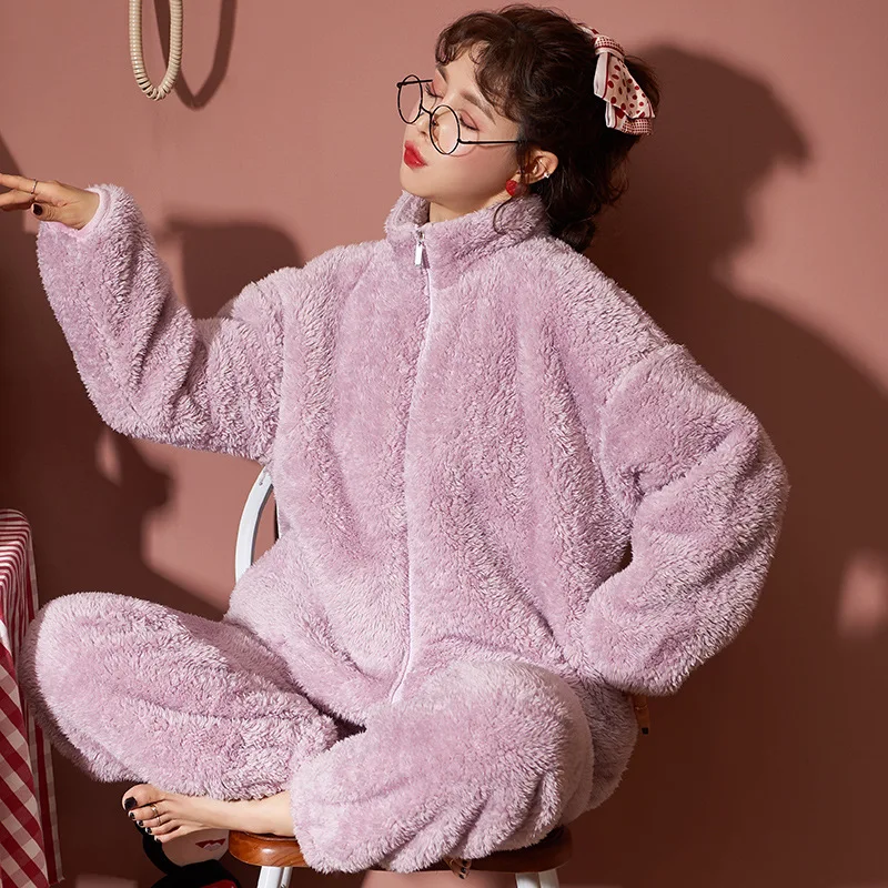 

Women's winter zipper coral velvet cotton thickened pajamas girl student set large home clothes cute