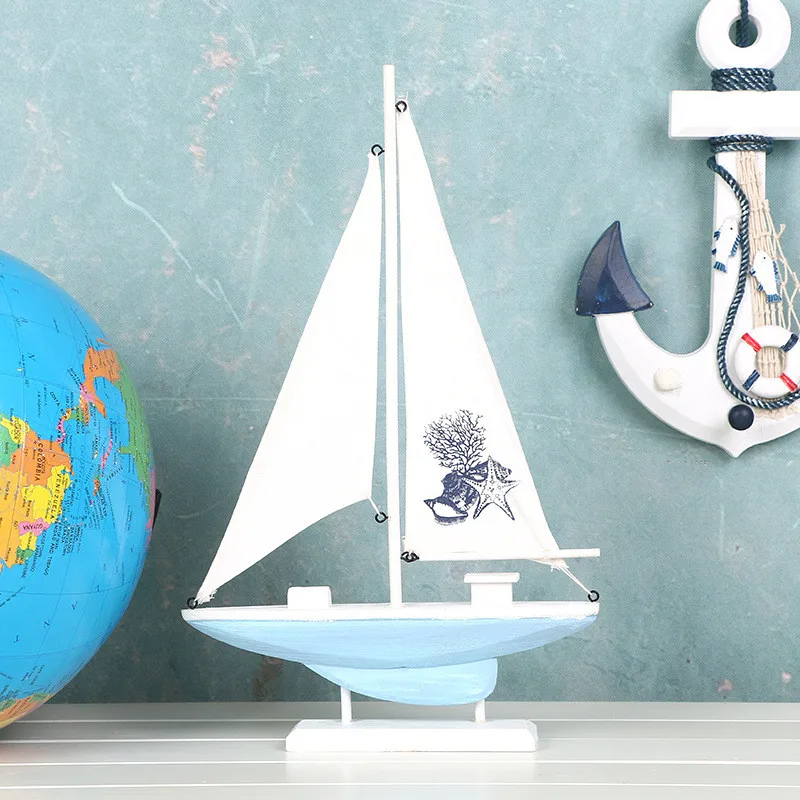 

Home Decor Wood White Sailboat Figurines Mediterrean Style Wooden Stripe Ship Home Office Desktop Miniature Marine Sailing Boats