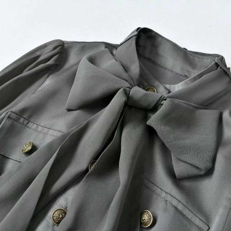 

Fashion 2021 Spring New Office Streetwear Bowknot Ribbon Button Long Sleeve Vintage Elegant Women'S Midi Dress