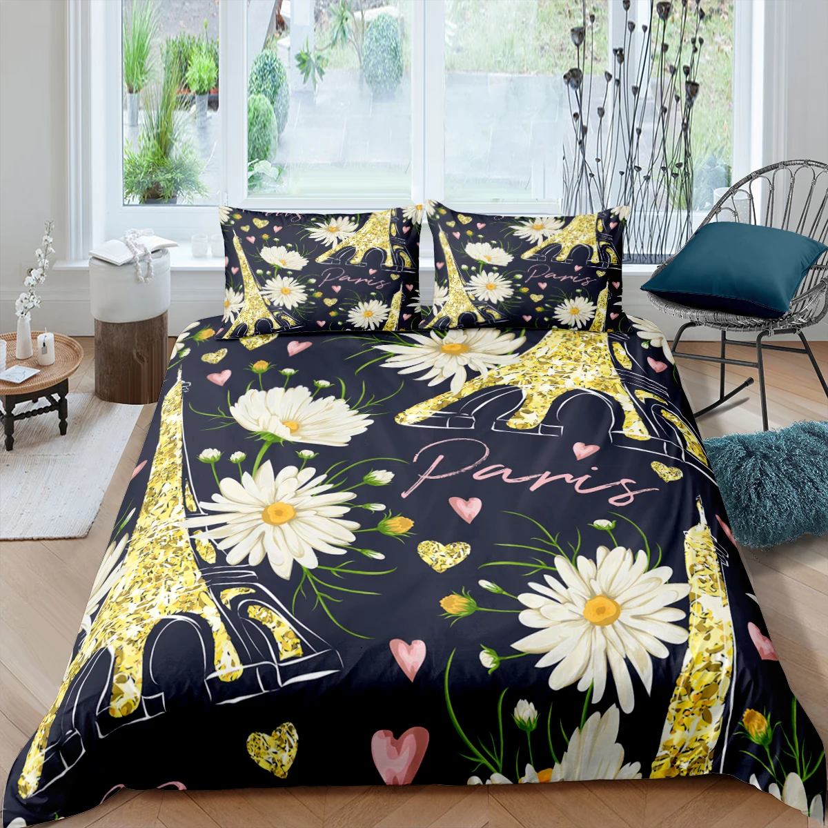 

oentyo Paris Iron Tower 3D print Flower Bedding Set Romantic Duvet Cover Pillowcase Single Twin Queen King Size Four seasons