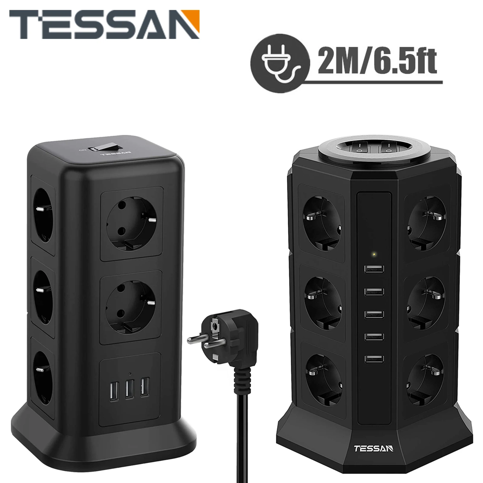 

TESSAN Multiple Sockets Tower Power Strip with 11/12 Outlets, 3/5 USB Ports & Switch, EU Socket Strip 2M Cable for Home, Office