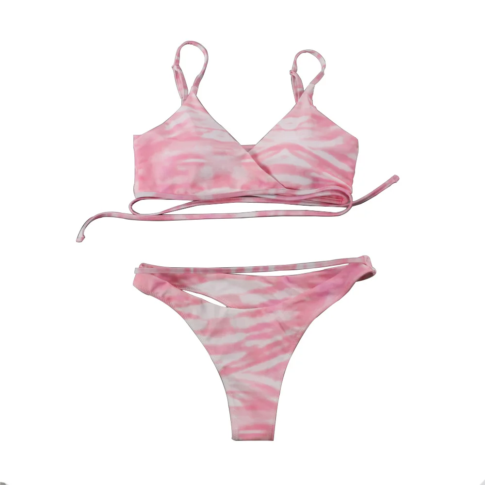 

2021 Europe and America new sexy separate body swimsuit print gathers lady bikini breast pad