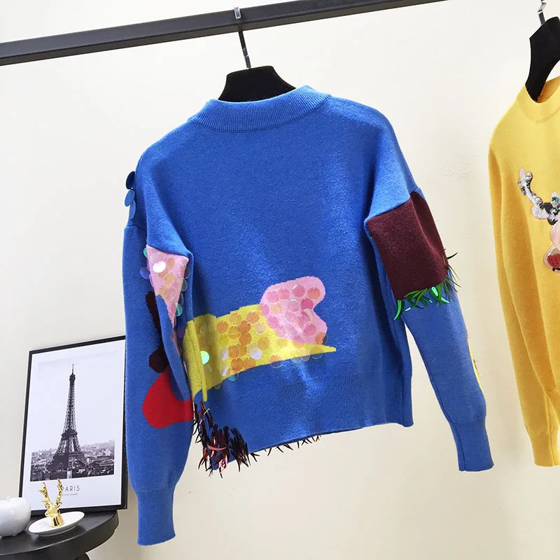 2019 свитер в горошек с кисточками свободные топы Женский пуловер синего цвета