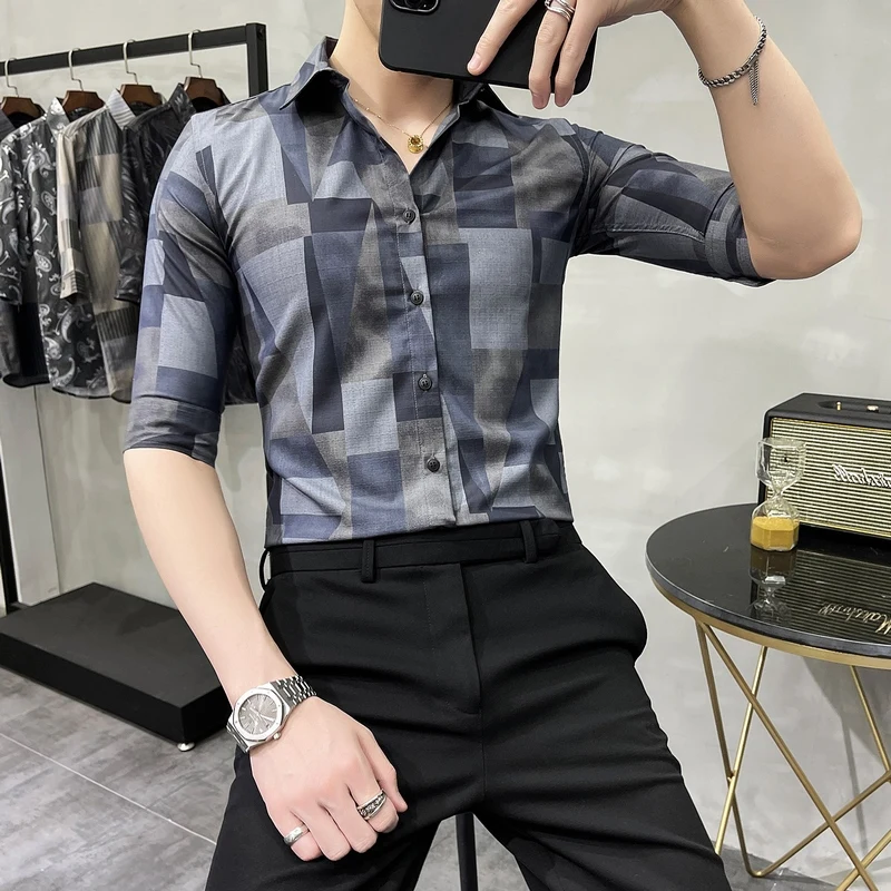 

Рубашка мужская деловая с принтом, блузка с рукавом до локтя, приталенный силуэт, повседневная одежда, 2021