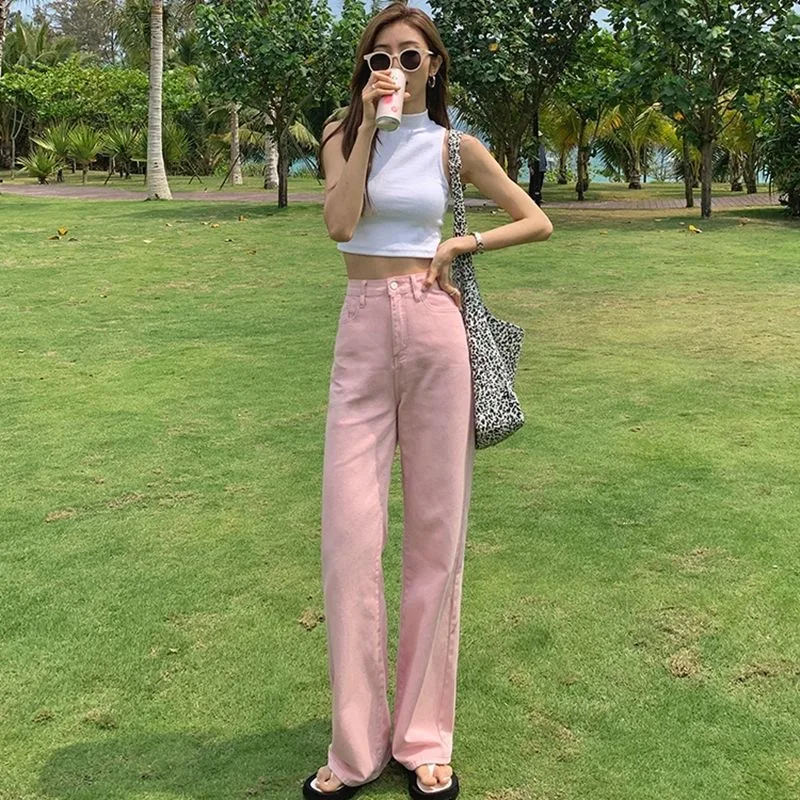 Pink straight jeans women's new summer high waist slim loose versatile drop wide leg floor pants джинсы для девушек