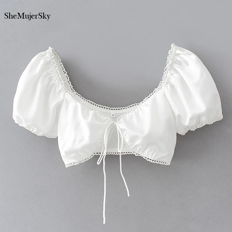

Женская короткая блузка SheMujerSky, белый бандажный укороченный топ с глубоким V-образным вырезом, Клубная рубашка с коротким рукавом, 2020