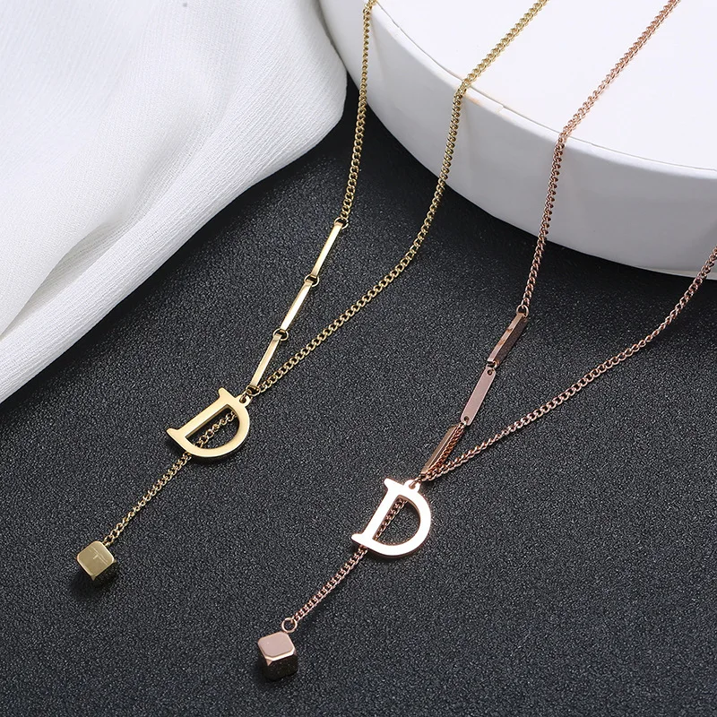 

MEYRROYU Stainless Steel Gold Color Letter D Cube Pandent Necklaces For Famale Tassel Choker 2021 New Fashion Party Gift Jewelry