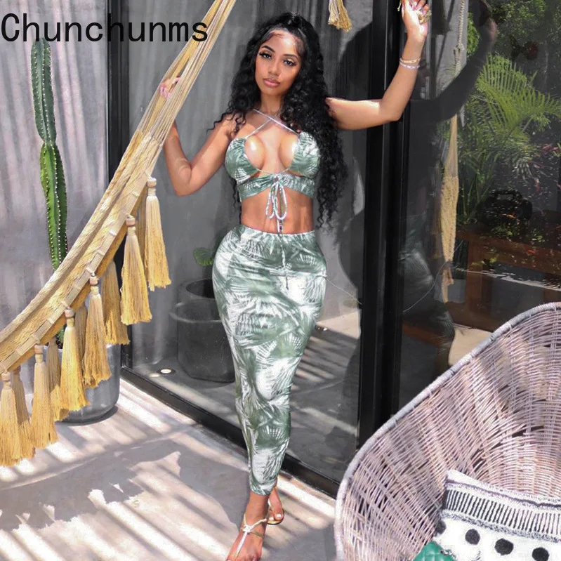 

Женский комплект из 2 предметов, комплект из бюстгальтера и юбки макси с принтом листьев, пляжная одежда, пикантная Клубная одежда для отпус...