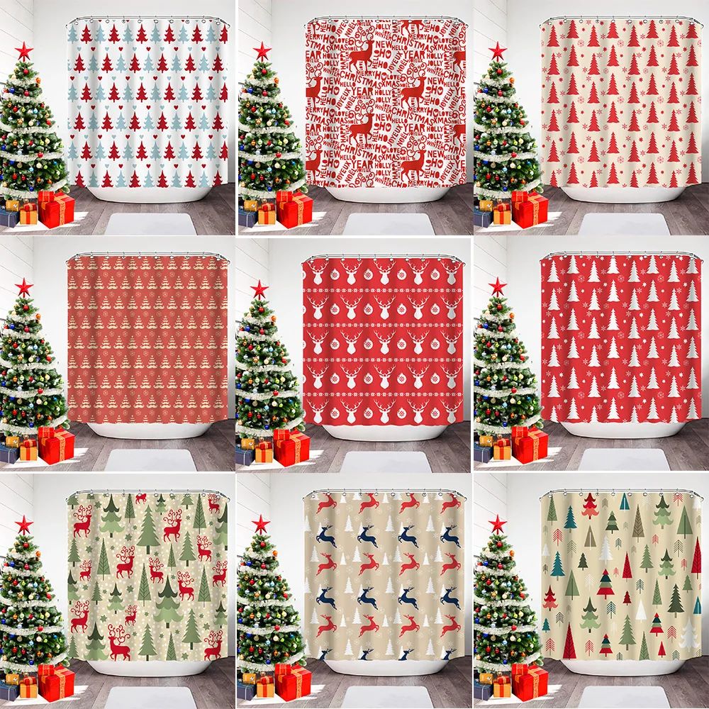 

Christmas Shower Curtain Partition Curtains with C-ring Polyester Shower Curtains Bathroom Set Waterproof Holiday Decoration