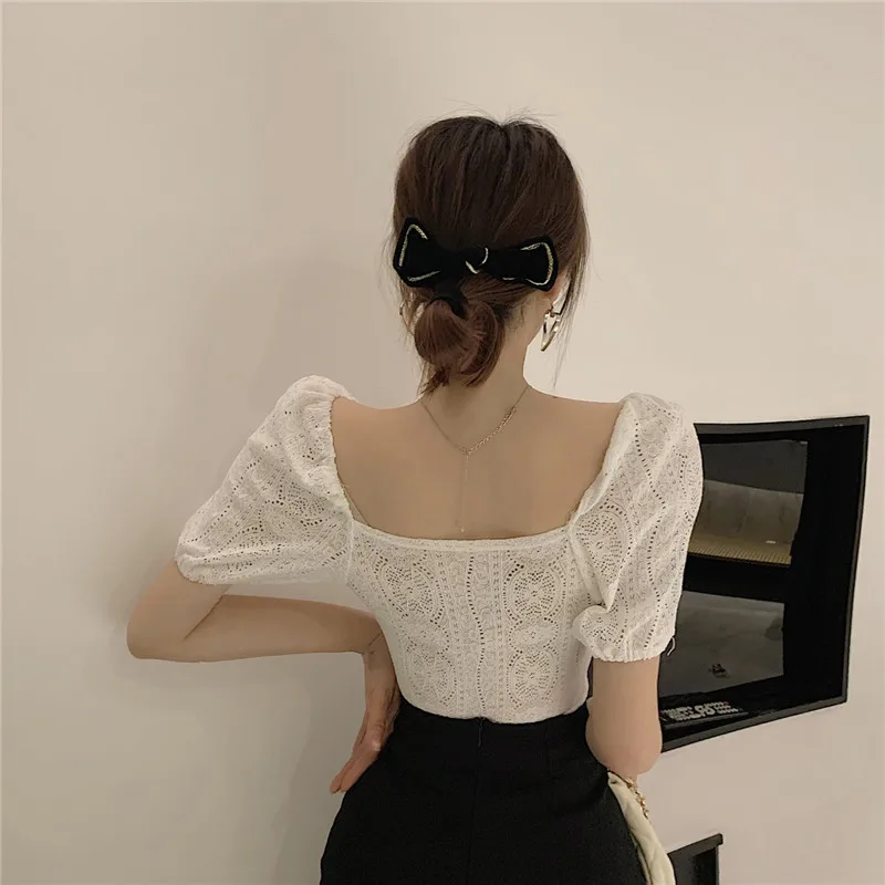 

New Twisted V-neck Lace Blouses Tees Female Short Puff Sleeve Stretchy Hollow Out Sexy Thin Blouse Shirt Tops For Women