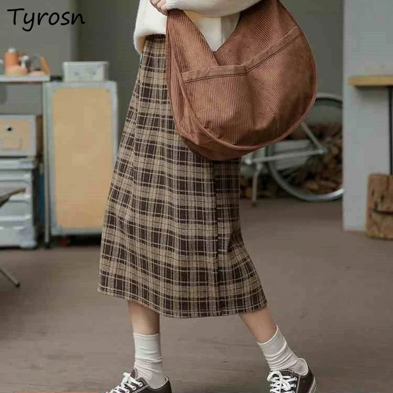 

Plaid Skirts Women Elegant Autumn Empire Midi Skirt Japanese Style Gentle Stylish All-match A-line Design Back-slit Faldas Mujer