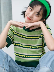 Makuluya тонкий милый авокадо зеленый в форме сердца вышитый узор короткий рукав вязаные ажурные свитера пуловеры топы L