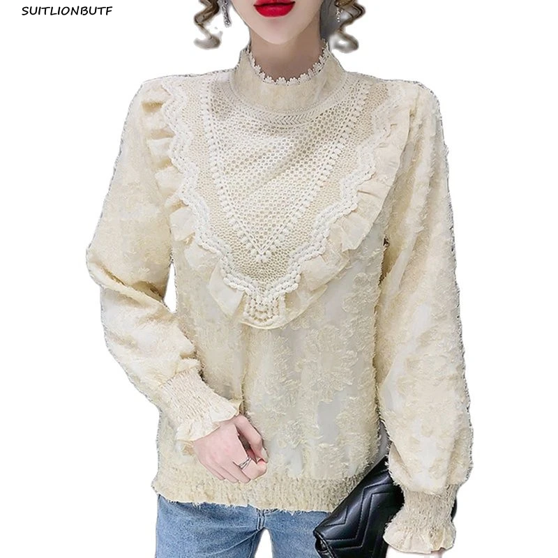 

Chiffon Lace Ruffles Blouse Korean Half Stand Collar Long Sleeve Tops Flowers Fashion Shirt 2021 Spring Autumn Women's Clothing