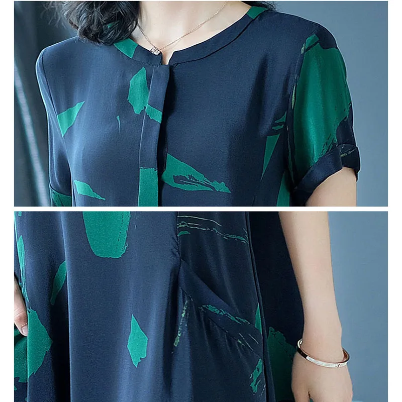 

2021 New Silk Print Women Summer Dresses Fashion Thin Short Sleeve O-Neck A-Line Dresses Plus Size Temperament Long Dresses