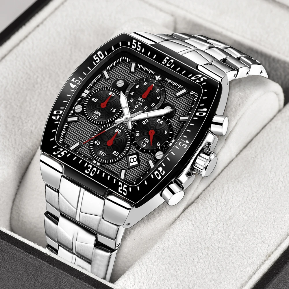 

WWOOR Mens Chronograph Watches Top Brand Luxury Black Sports Clock Fashion Military Square Quartz Steel Wrist Watch Reloj Hombre