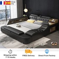 genuine leather bed frame soft beds massager storage safe speaker led light bedroom cama iphone recharging bluetooth safe usb