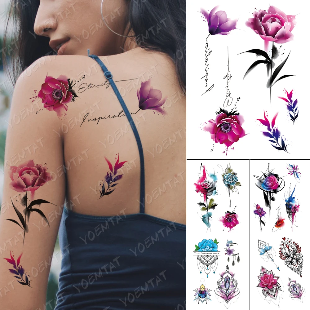 

Waterproof Temporary Tattoo Sticker Watercolor Flowers Text Flash Tattoos Henna Mandala Body Art Arm Fake Tatoo Women Men