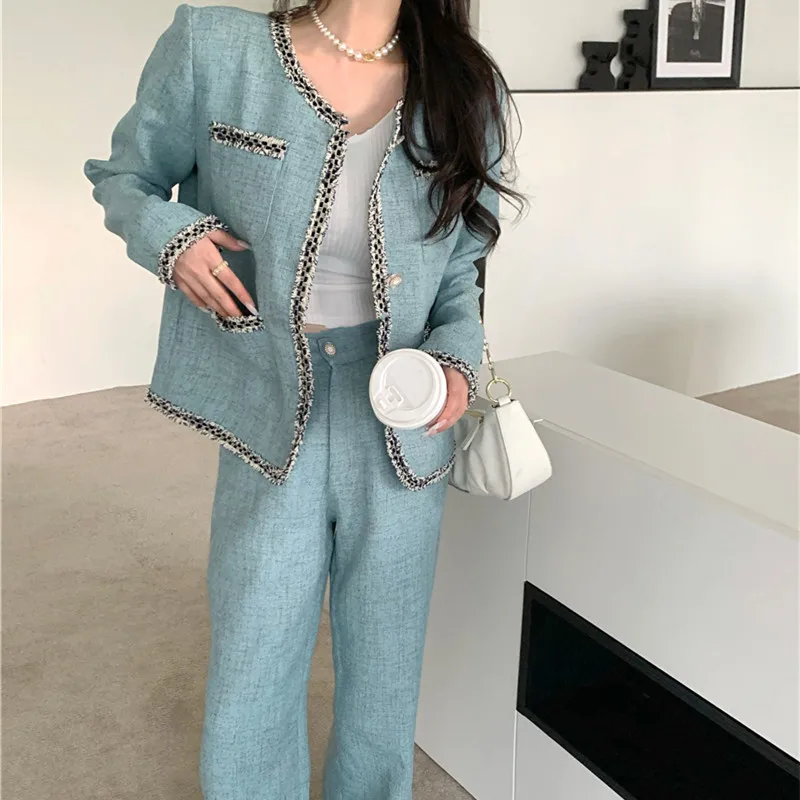 

Autumn Winter Tweed Two Piece Set Women Korean Fashion Long Sleeve Blazer + High Waist Pants Vintage 2 Pieces Ensemble Femme