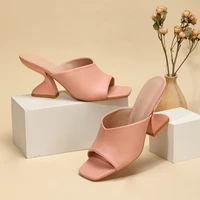 2022 women mules pink slides female thick block heels pumps sandals sexy summer 8cm high heels luxury peep toe black shoes