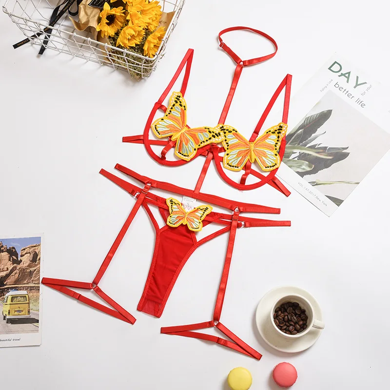 

2Pcs Women Sexy Lingerie Set Adjustable Spaghetti Strap Flower Embroidery Bra Thong Lace Erotic Lingerie Babydoll Sleepwear