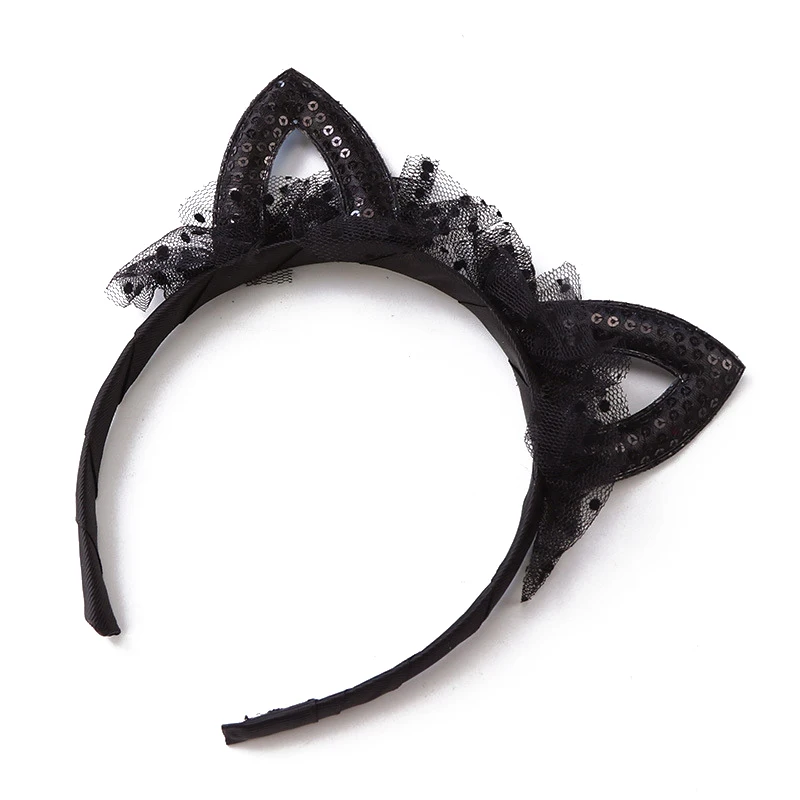 Детский ободок для волос цветной кружевной с блестками и кошачьими ушками