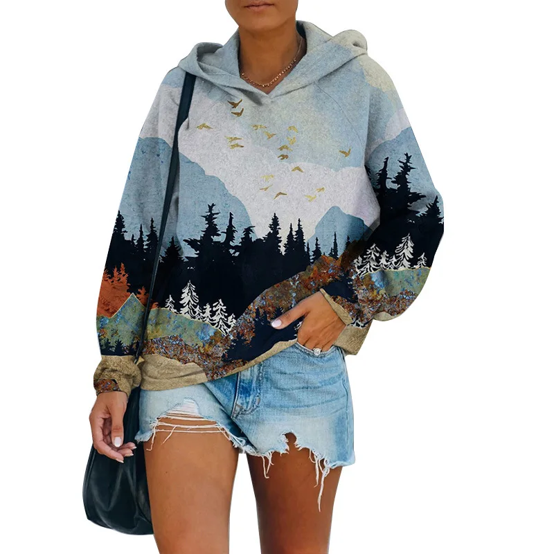 

2021 New Retro landscape 3D printing loose casual hooded Pullover long sleeve sweater clothes sweatshirt