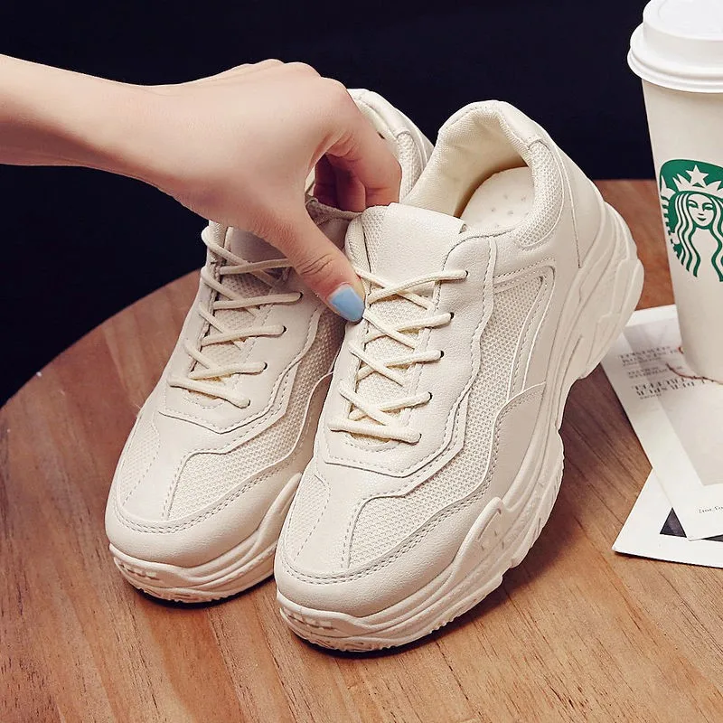 Beige mesh Новые осенние и зимние белые кожаные Для женщин спортивная обувь для малышей от 0 до плохую оценку, модные сапоги на толстой подошве, Повседневное дикий Для женщин сапоги - Цвет: Beige mesh