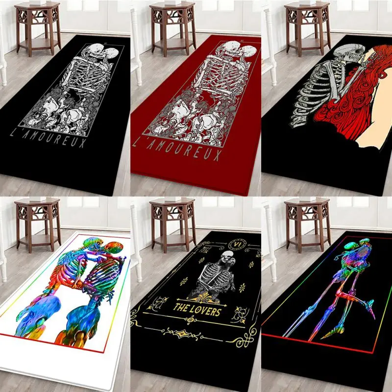 

Halloween Holiday Home Decorations Theme Rectangle Area Rug Soft Flannel Floor Skeleton Pattern Carpet Non-Slip Back Mat