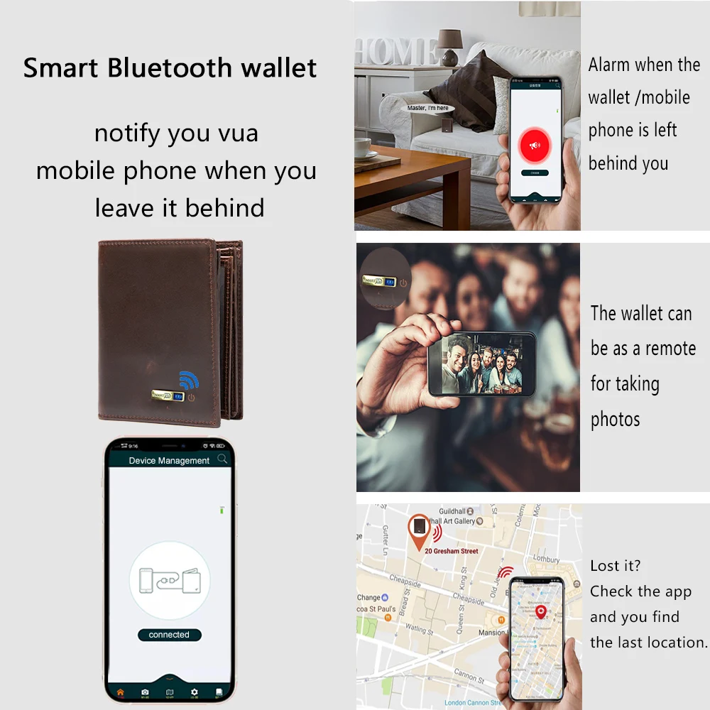 Смарт-кошелек мужской из натуральной кожи с Bluetooth короткий удобный