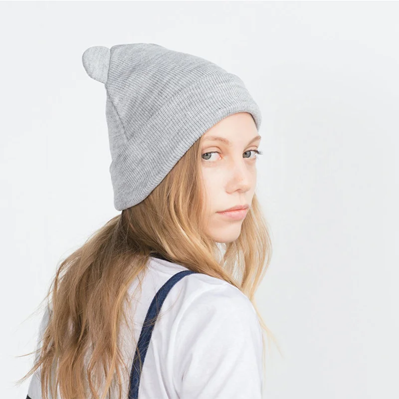 

New Outdoor Running Cat Ears Knitted Hat Lovely Funny Winter Sport Warm Beanie Hat Women Wool Cap Hat Gray Black