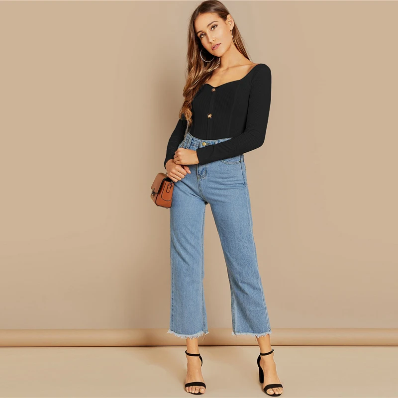 SHEIN Облегающий Топ С Длинным Рукавом И Глубоким Вырезом Трикотажная Блузка В Рубчик
