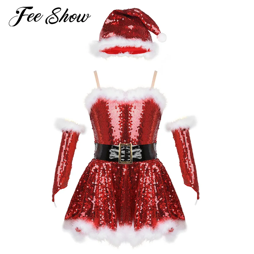 

Kids Girls Christmas Santa Dance Costumes Outfit Sleeveless Sequins Figure Ice Skating Roller Skating Ballet Dance Leotard Dress