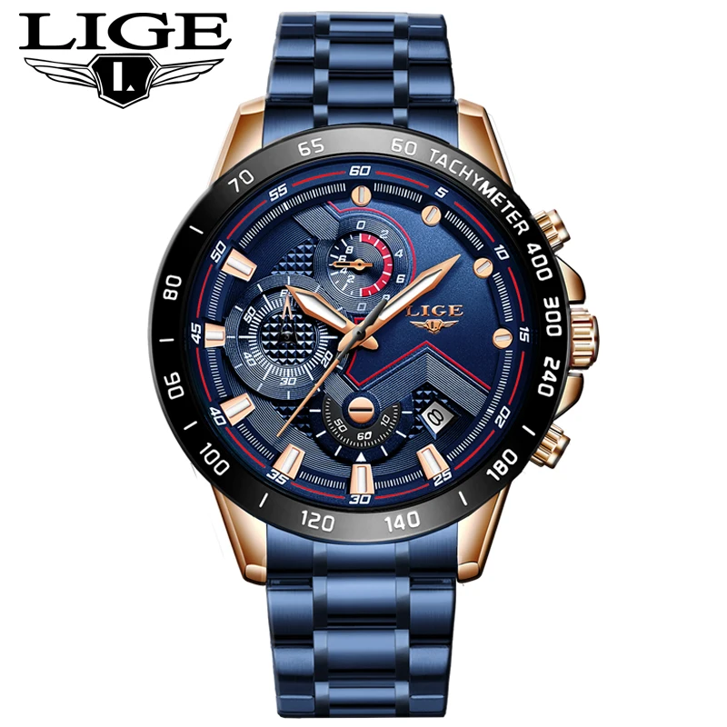 

2019 New Mens Watches LIGE Top Luxury Brand Business Blue Stainless Steel Quartz Watch Mens Casual Waterproof Date Chronograph