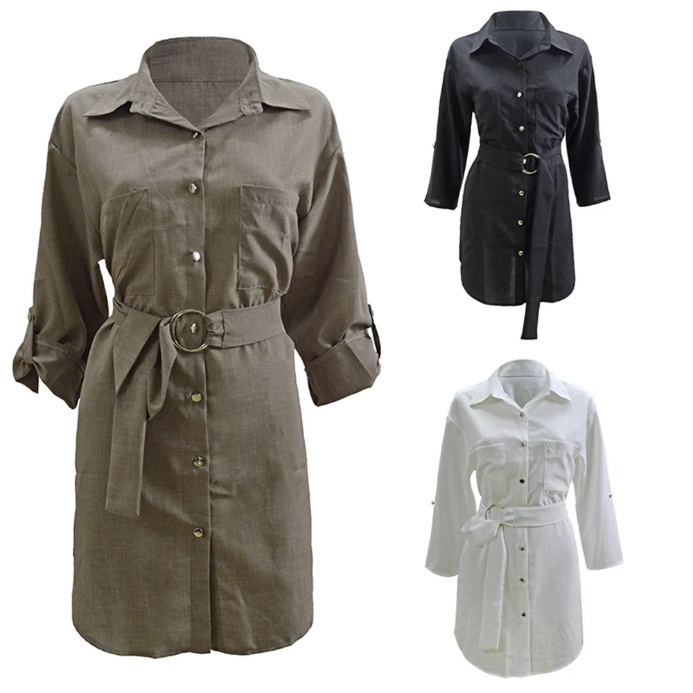 

Vintage Chic Design Roll Sleeves Women Solid Shirt Casual Dress 2021 Spring A-Line Midi Dress Elegant Ladies Office Dresses