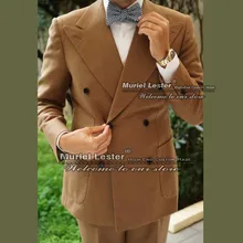 Brown Men Suits Slim Fit Tweed Wool Thick Wedding Tuxedo Double Breasted Jacket With Pants 2 Pieces 