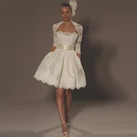 2015 vintage hot sale sexy a line lace bolero jacket knee length 34 long sleeve short wedding dresses