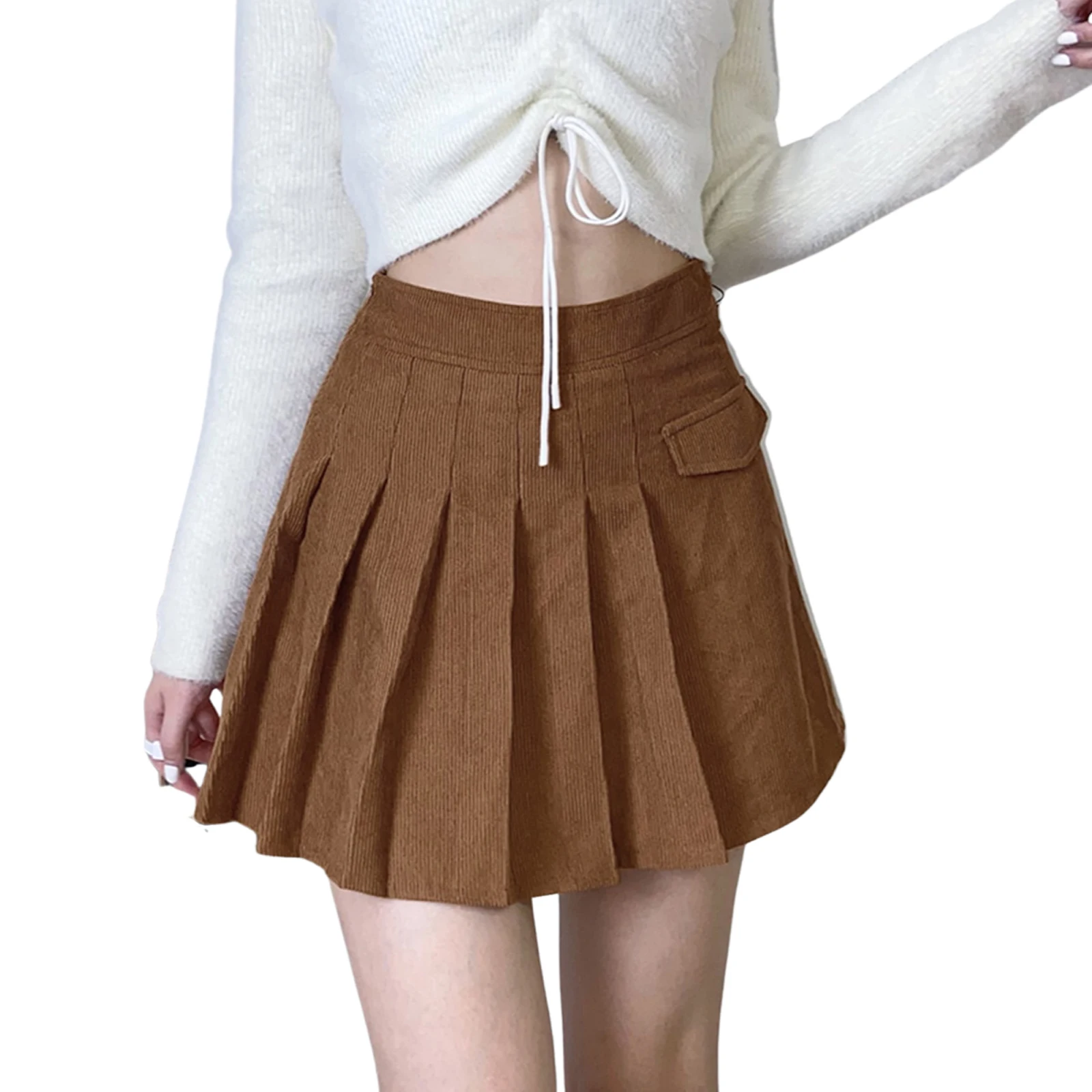 

Women Fashion Mini Skirt Adults Vintage Ribbed Side Zipper Pleated A Line Skirt Fashion Women Spring Autumn Casual Clothing
