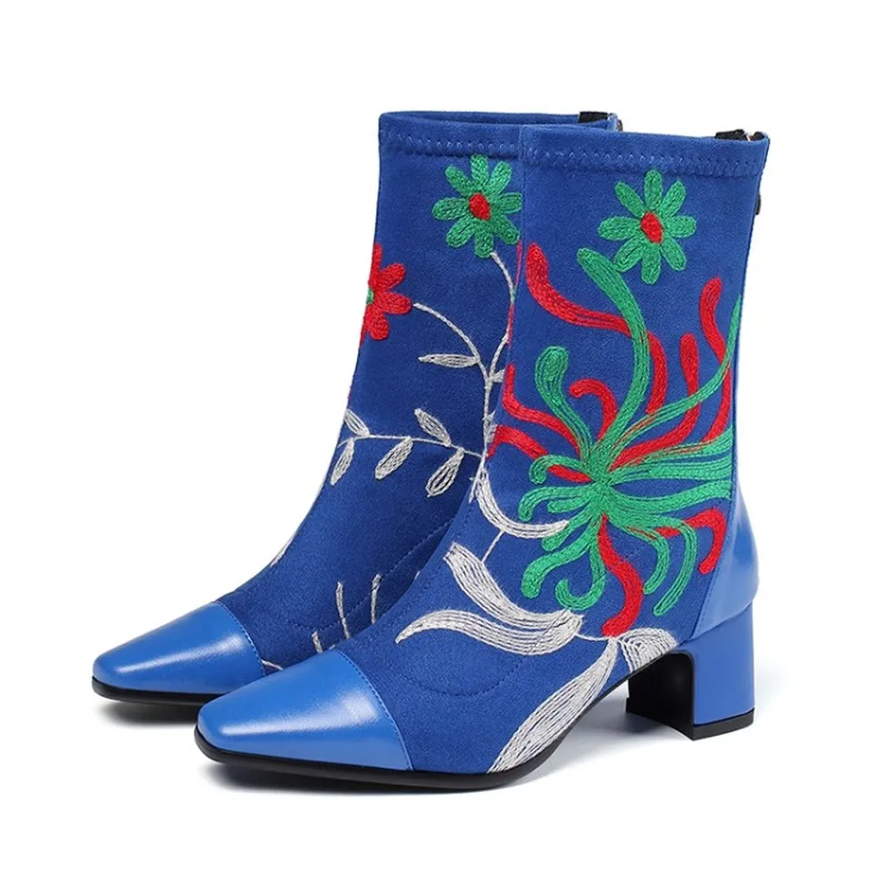

Женские ботильоны из натуральной кожи, с цветочной вышивкой, на высоком блочном каблуке, 3 цвета