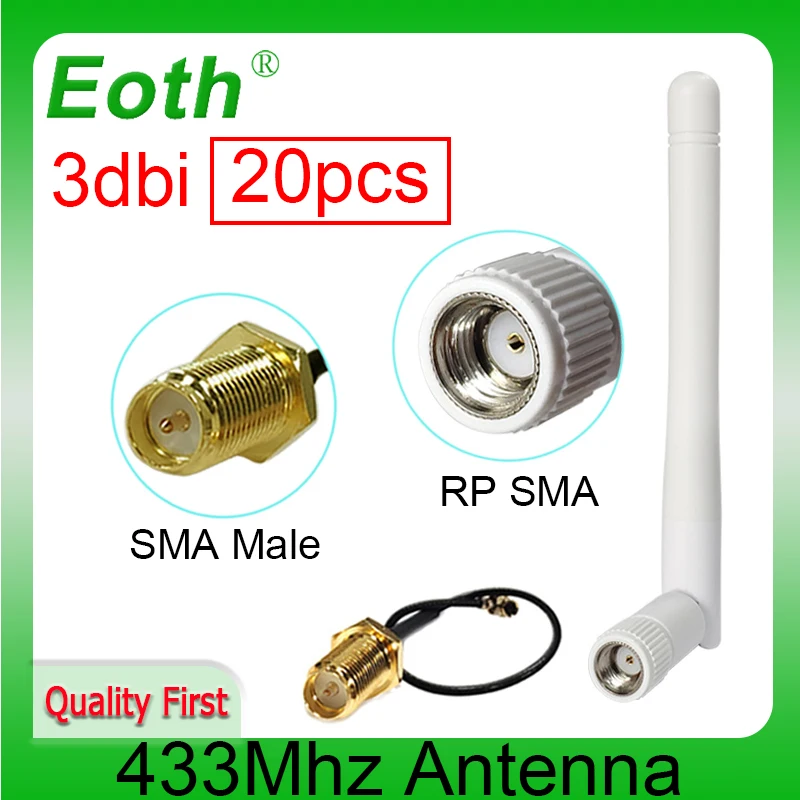 EOTH 20pcs 433mhz antenna 3dbi sma female lora antene iot module lorawan signal receiver ipex 1 SMA male pigtail Extension Cable