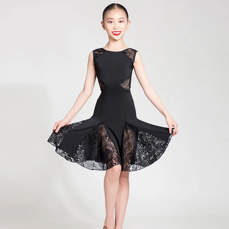 Children Latin Dance Dress Girls Sleeveless Black Lace Practice Clothing Latin Competition Performance Dresses For Kids DQL2118