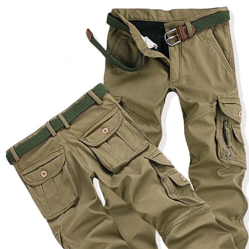 

New Mens Winter Pants Thick Warm Cargo Pants Casual Fleece Pockets Fur Trouser Fashion Loose Baggy Joger Worker Male パンタロン