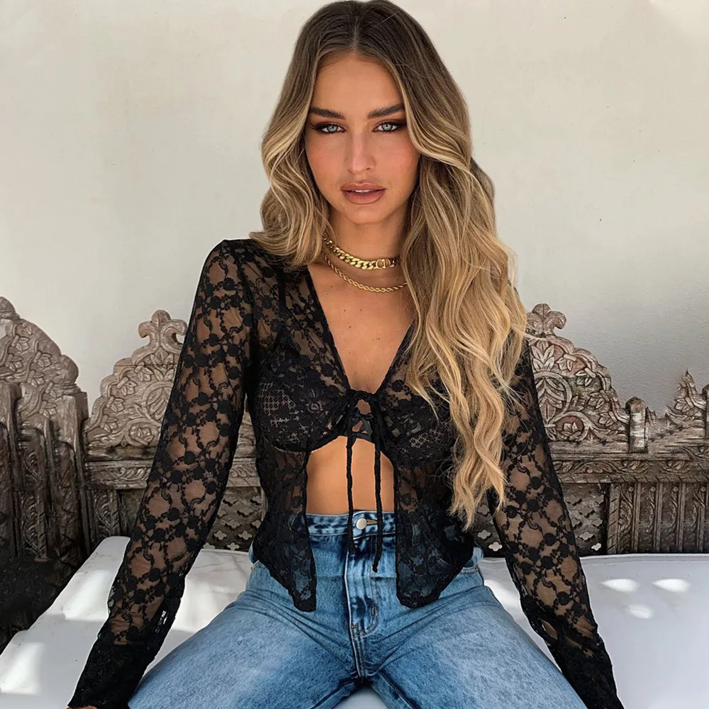 

Sexy Black T-shirt Woman V-neck Summer Top Hollow Out Lace Ulzzang Fashion Long Sleeve 2021 Harajuku Streetwear Casual T Shirt