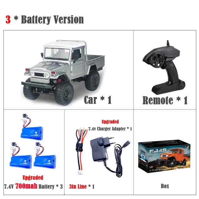 WPL MN Model MN45 1/12 2.4G 4WD RTR Toyota FJ45 Gray 3 batteries