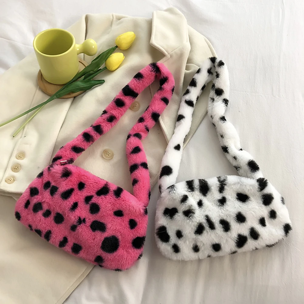 

Ladies Autumn Winter Style Small Handbags Soft Warm fluffy Comfortable Fashion Women Polka Dot Print Plush Shoulder Underarm Bag